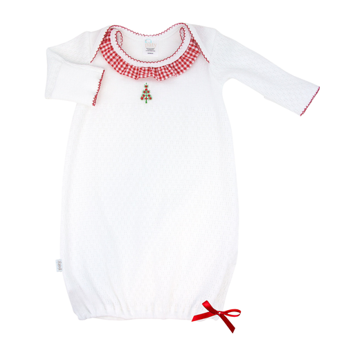 Overlap Shoulder Gown with Gingham Ruffle & Christmas Tree Embroidery