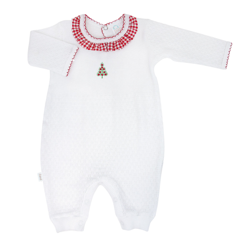 Paty Knit Romper with Ruffle Collar & Christmas Tree Embroidery