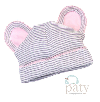 Paty Rib Knit Grey with Pink Trim Bear Cap