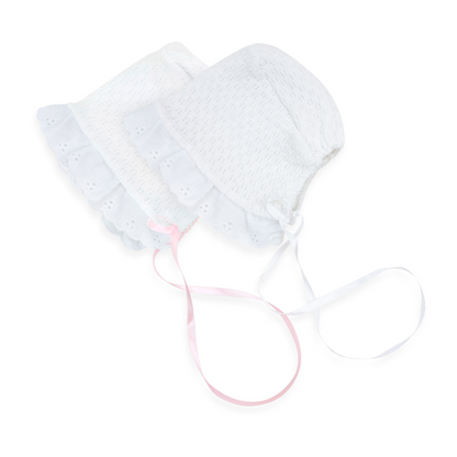 Paty Knit White Bonnet w/ Eyelet Trim and Ribbon Tie
