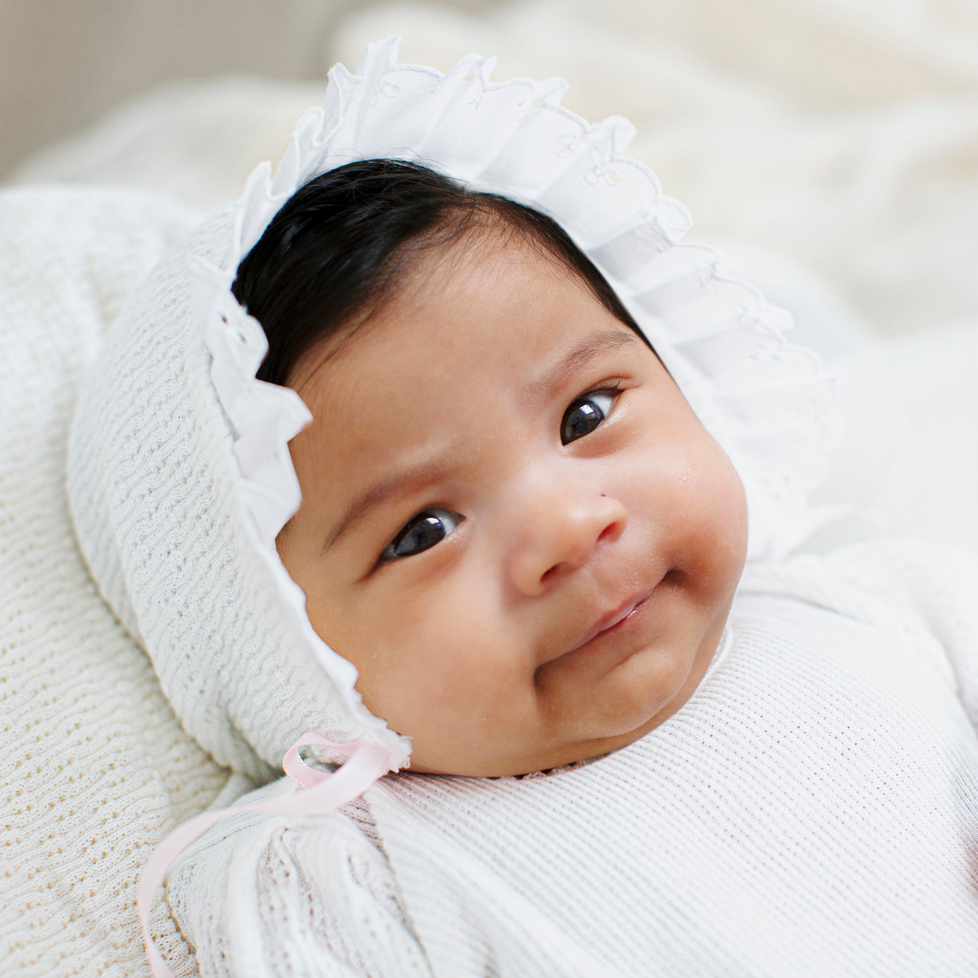 Baby Bonnet With Ribbon Paty Knit White Bonnet W/ Eyelet Trim