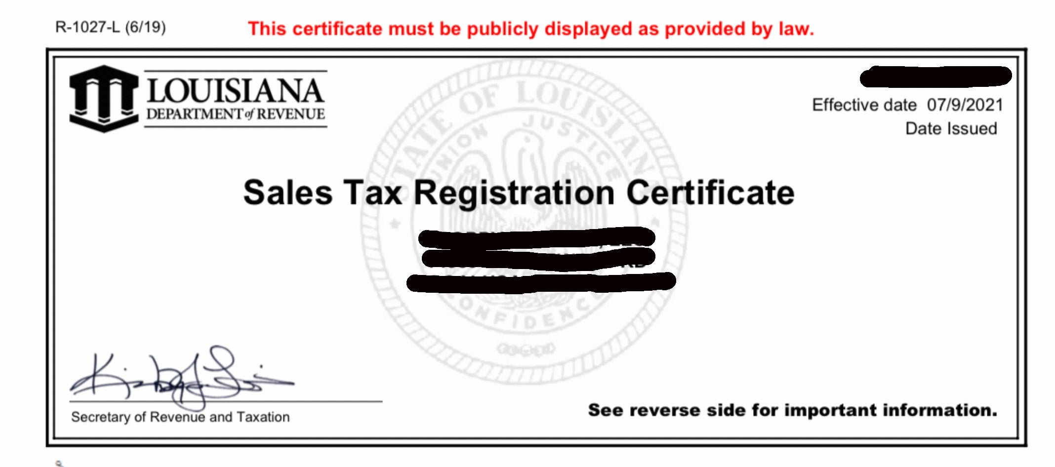 Resale Certificate Sample for LA