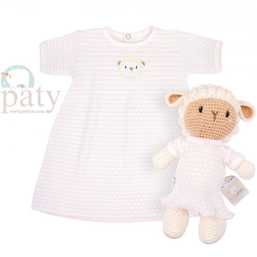 Matching Embroidered Pinstripe Dress w/ Paty Pal Crocheted Lamb Toy